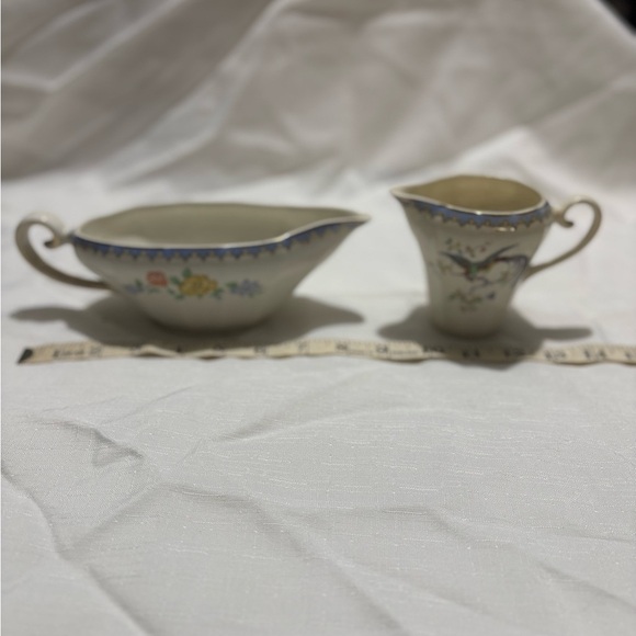 Vintage Floral Cream and Blue Ceramic Gravy Boat and Pitcher Set - Picture 1 of 6